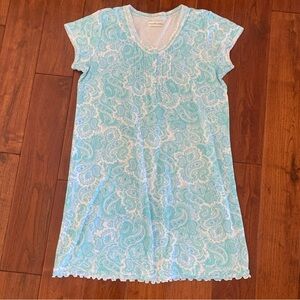 Miss Elaine Cottonessa Short Nightgown Size M Aqua White Paisley Cap Sleeve